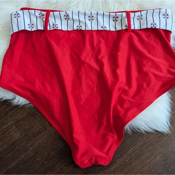 Bundle! Unique Vintage White & Blue Red Nautical Print Ruffle Swim Bikini 2X - Picture 3 of 8